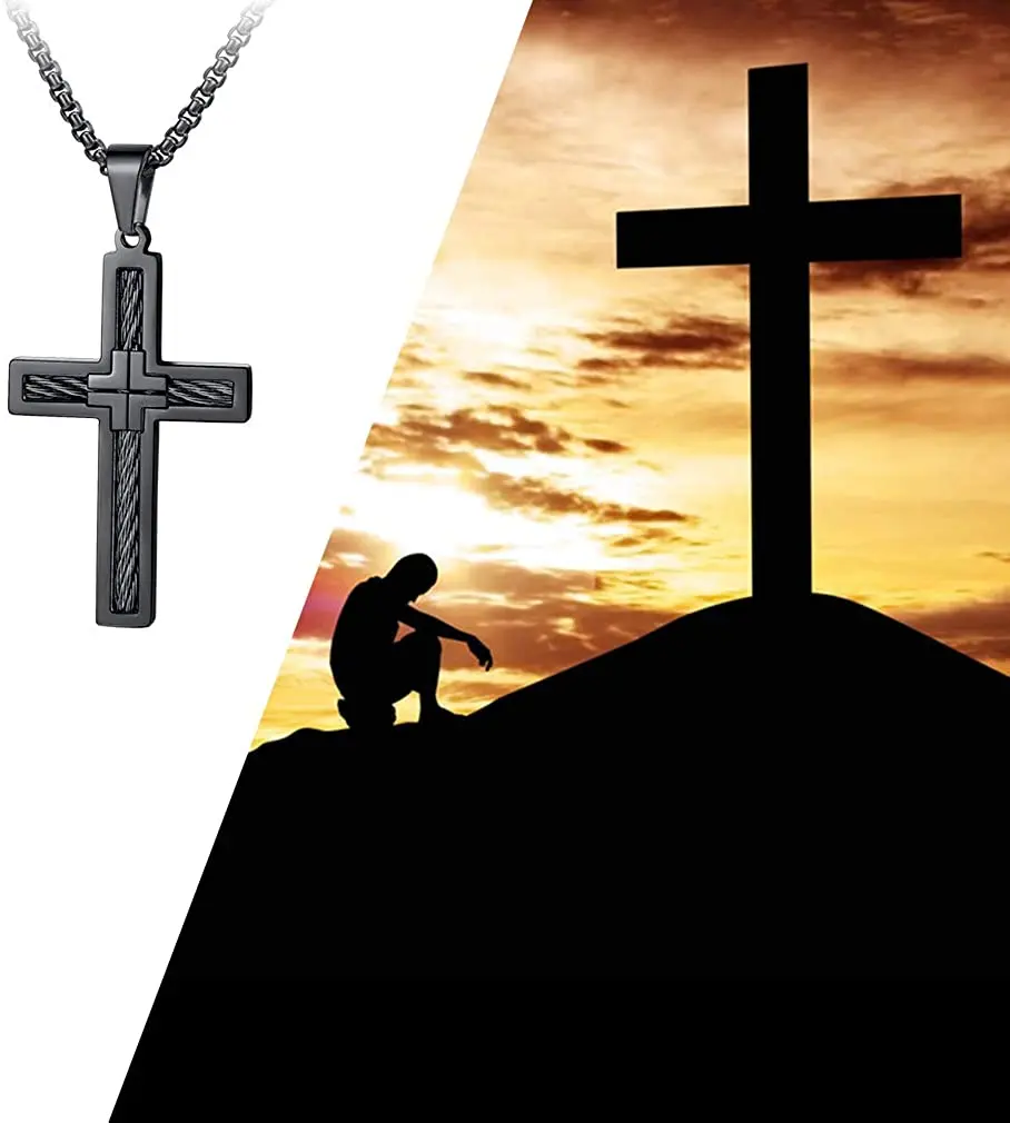 U7 Black Gold Color Stainless Steel Vintage Style Brainding Rope Pattern Cross Necklace for Man Woman Catholic Daily Jewelry