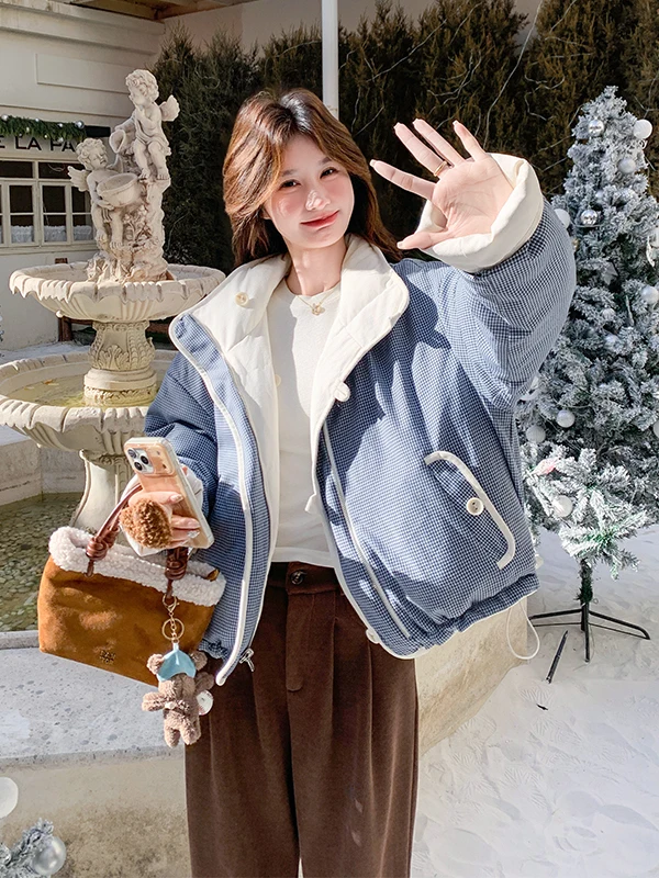 Giacca Imbottita da Donna Reversibile con Collo Alto, Stile Tartan, Nuova Collezione Invernale 2025, Design Coreano Giovanile e Caldo