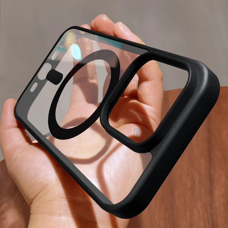 Funda negra acrílica anticaída de alta calidad para iPhone 17 Air 16 15 14 13 12 11 Pro Max Plus cubierta dura transparente Magsafe magnética