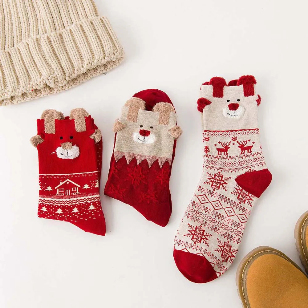 

Чулочно-носочные изделия с героями мультфильмов, рождественские носки с изображением лося, впитывающие пот, полиэстер/хлопок, красные женские носки, дышащие эластичные носки