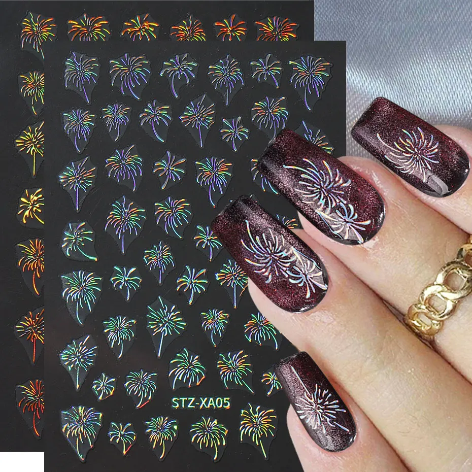 2pcs 3D Laser Blooming Firework Decal Y2K Gold Silver Fireworks Nail Sticker Glitter New Year Charms Foil Manicure Slider Decor