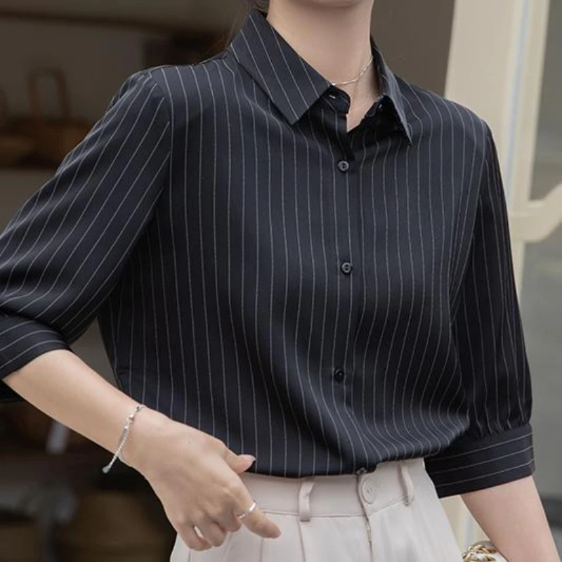 

Chiffon Blouse Fashion Elegantes Female Clothing Office Ladies Tops Striped Black Quartered Short-sleeved Shirts Women Button