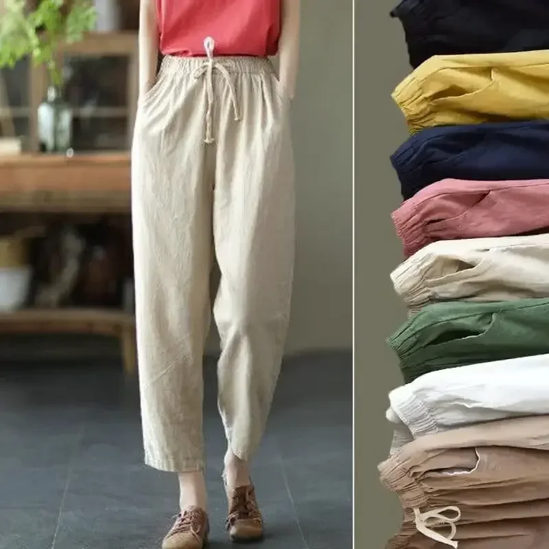 

2023 Summer Casual Cotton Linen Pants Women Retro Pockets Loose Harem Pants Woman Solid Elastic Waist Trousers Female