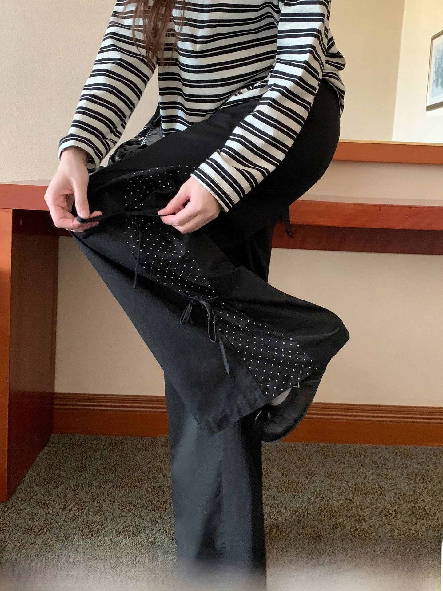 

Женские повседневные широкие брюки в горошек с вставками, свободного кроя, с высокой талией, прямые, осенняя новинка.