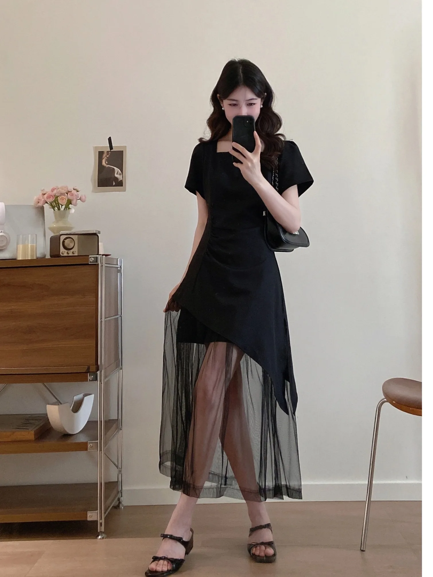 

plus Size Women's Black Square Collar Short Sleeve Dress Summer New Style Waist Cinching Belly Covering Mesh A-Line Long Dress