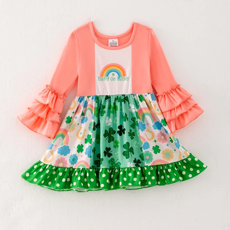 Hot Selling St. Patrick’s Day Girls’ Printed Long-sleeved Ruffled Dress Wholesale and Retail