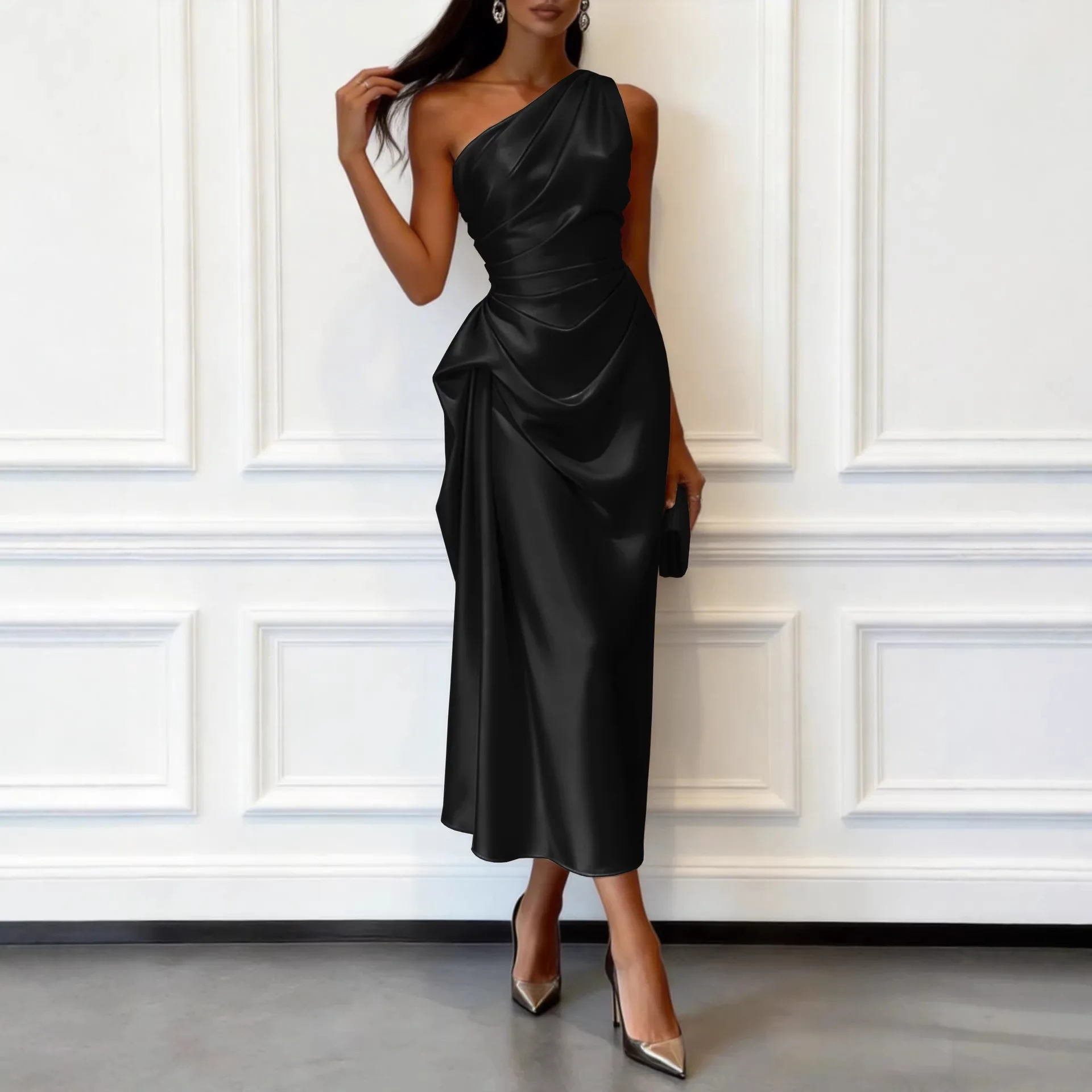 

Elegant Satin Party Dresses Woman Summer New Sexy One Shoulder Sleeveless High Waist Dresses Lady Slim Evening Dress