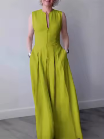 Women's Fashionable Commuting Solid Color Zipper Slim Fit A-line Dress 2026 Summer Sleeveless Pocket Pleated Party Evening Dress