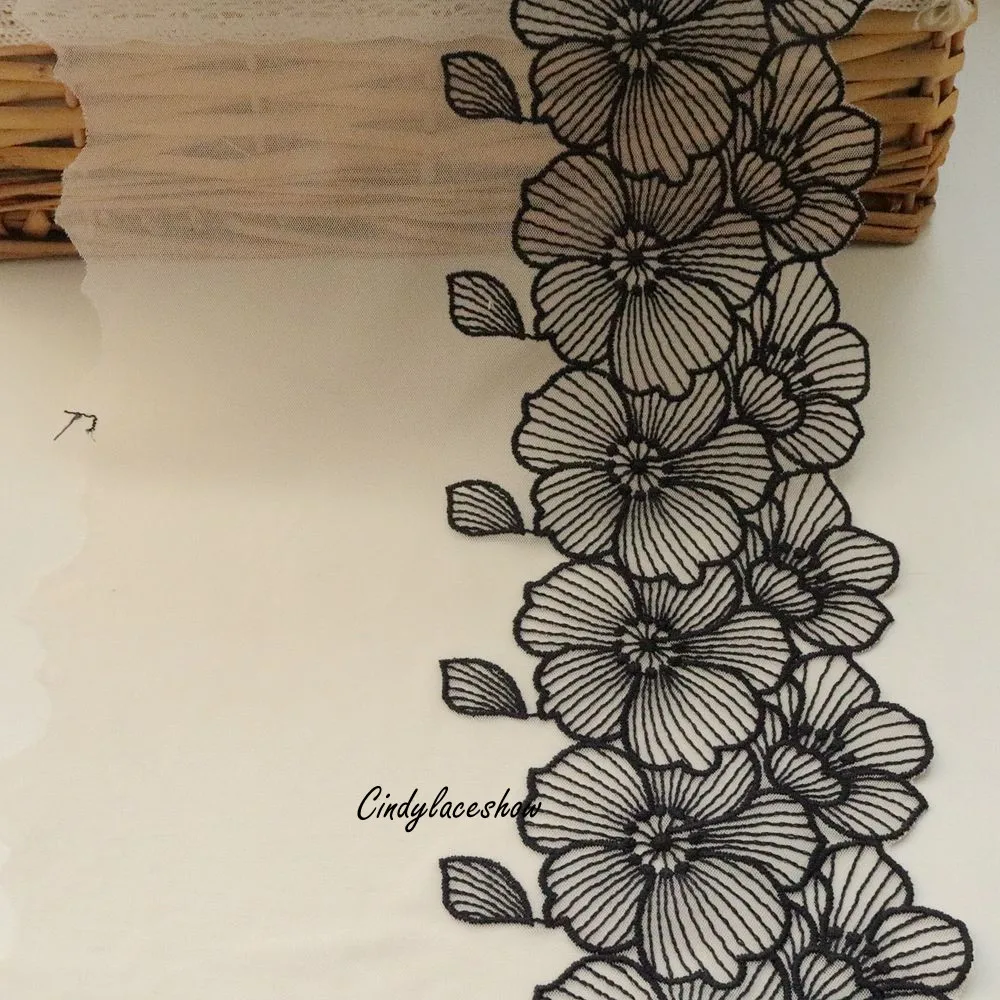 1Meter 19CM Width Black Flowers Embroidered Lace Trim Fabric Soft Pink Mesh For Bra Dress Sewing Garment Accessories Craft DIY