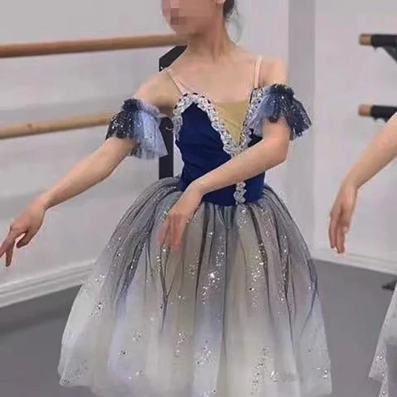 EE01 Tutú largo azul para niños y adultos, traje de Ballet profesional del lago de los cisnes, tutú de Ballet, vestido de Ballet para niñas, Ropa de baile de rendimiento Ve & 0Ww