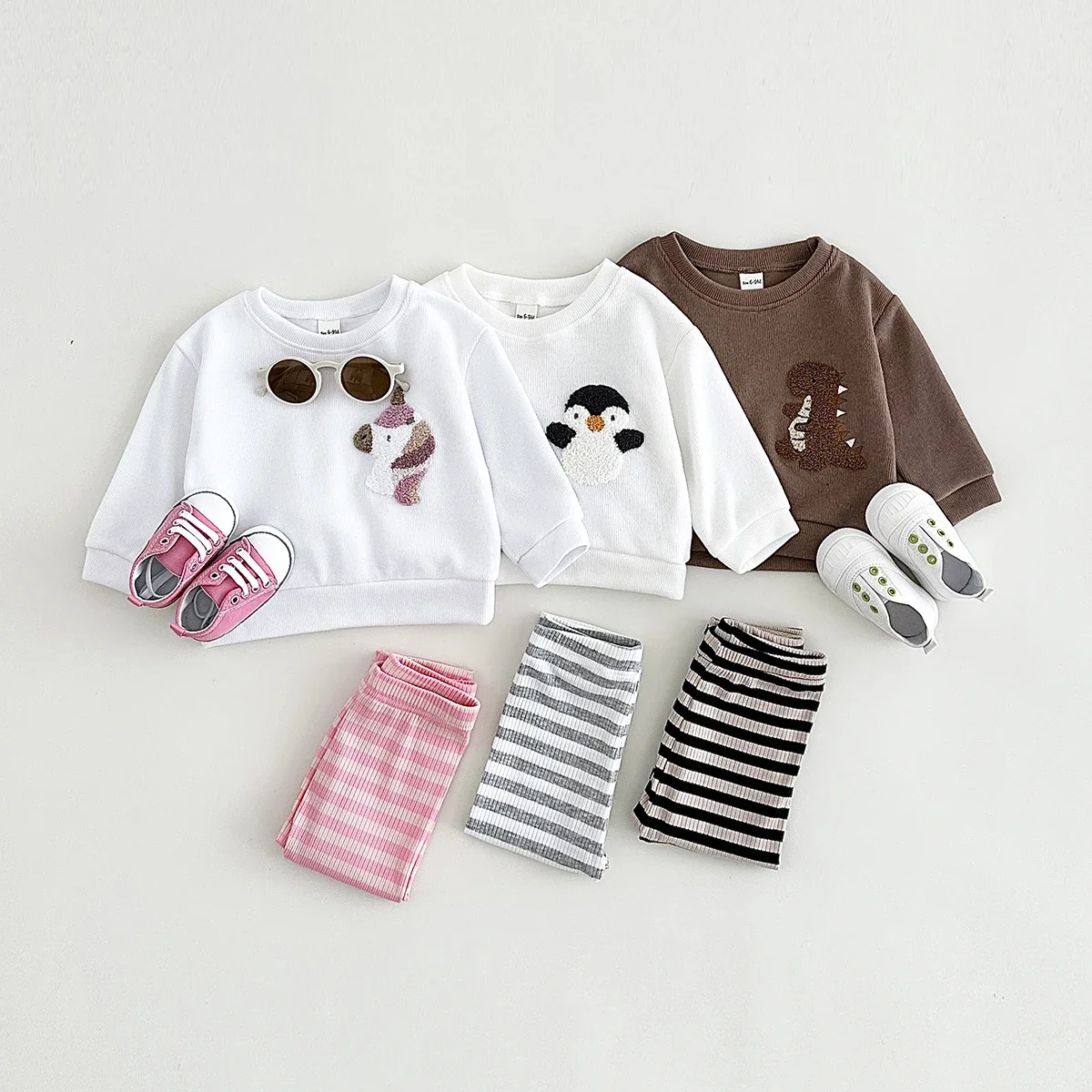Toddler Baby Long Sleeve Crew Neck Sweatshirt, Cute Cartoon Animal Chenille Patch Embroidery Unisex Autumn Pullover Top