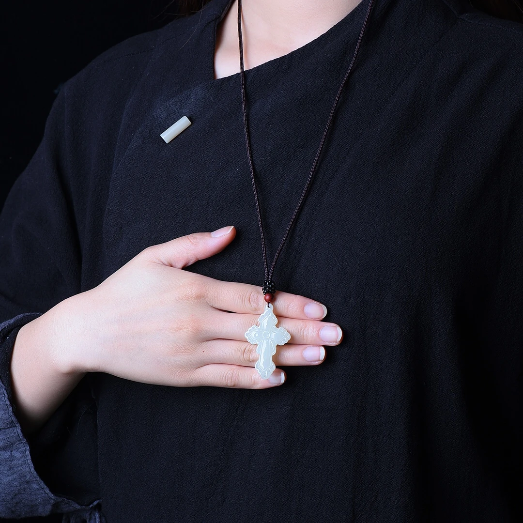 Genuine China Nephrite Stone White Jade Christ Cross Pendant Necklace Women Finejewelry Certified Hetian Jade Lucky Charm Amulet view 3