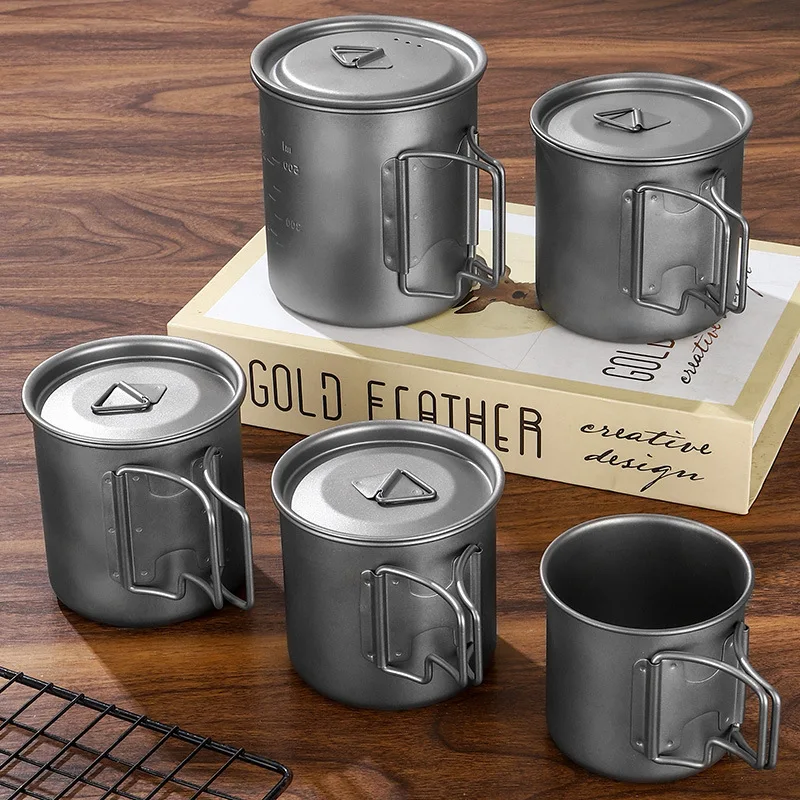 

Tiartisan 350ml 750ml Tatinium Cup Hiking Tableware Fodable Handle Coffee Cups with lids Lightweight Frosted Cup Mugs