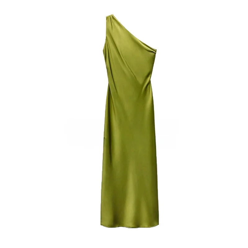 Frühling Neue Sexy Oulder Bared Svel Asymmetrische Seide Satin Fühlen Dr Street Sle Midi Taille Langen Rock A-Linie Kleid