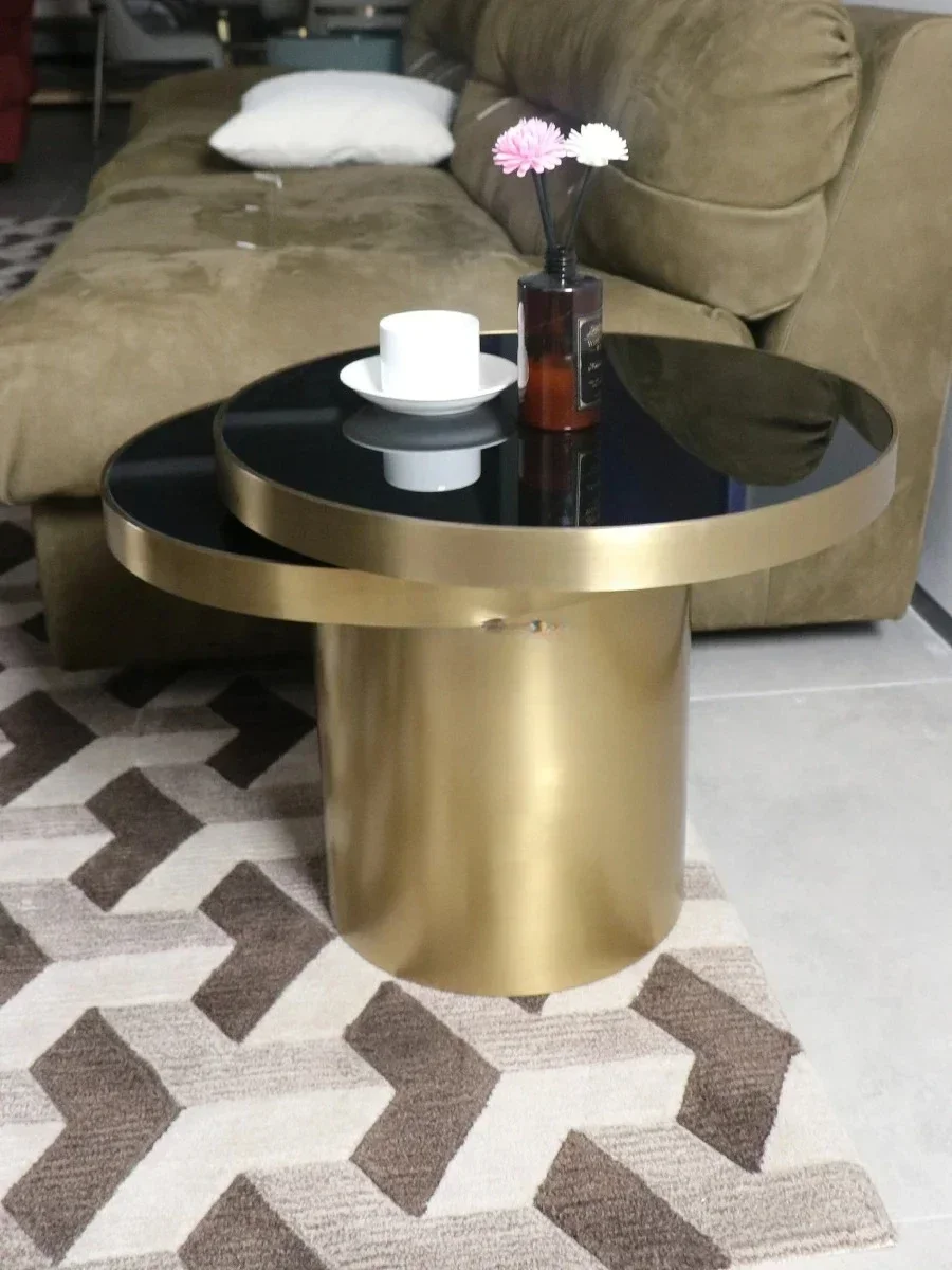 Italian Light Luxury Tempered Glass Stainless Steel Base round Tea Table Rotatable Sofa and Tea Table
