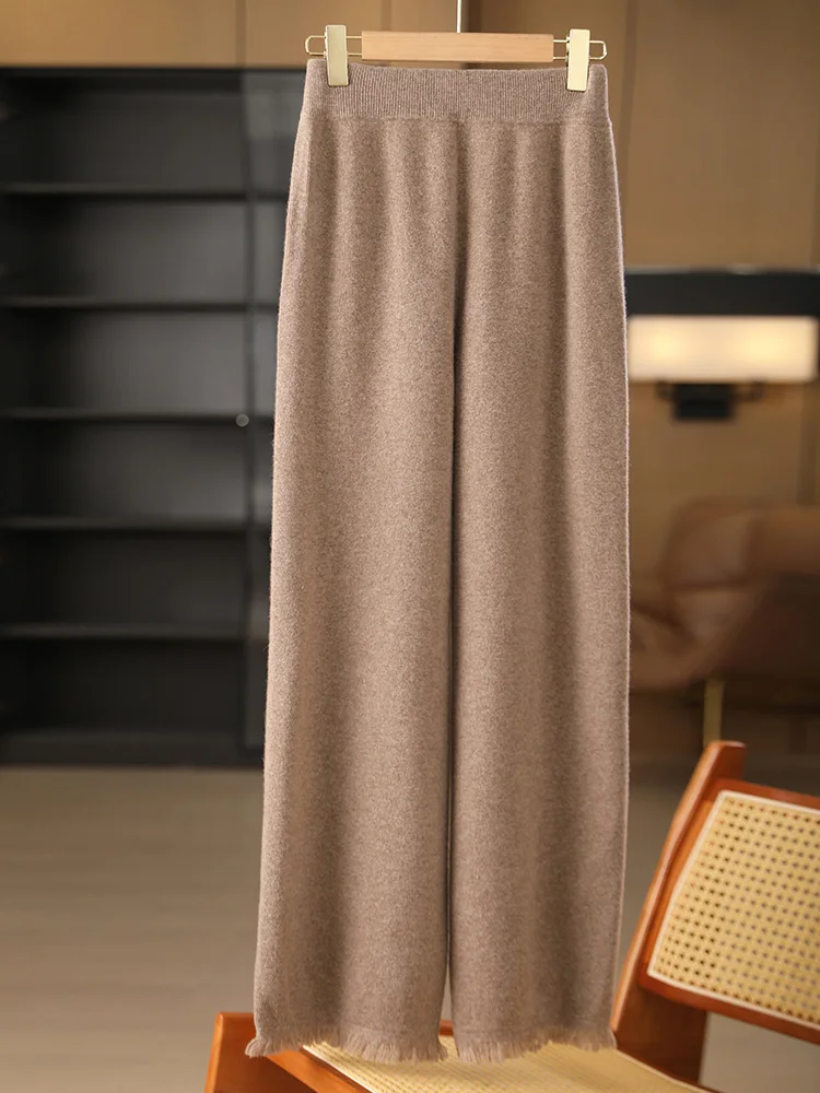

Women's Wool Wide Leg Pants100% Merino Wool Knitted Trousers Autumn Winter Casual Simple Style Cashmere Pants Tassel Cuffs Thick