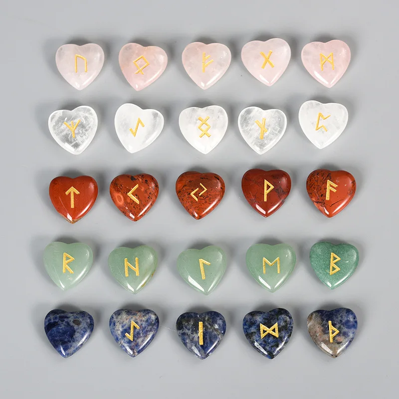 

Natural Gemstone Runes Set Polished Heart Shape Stone Engraved Symbol 25pcs Set Chakra Reiki Healling Crystal Home Decor Gifts
