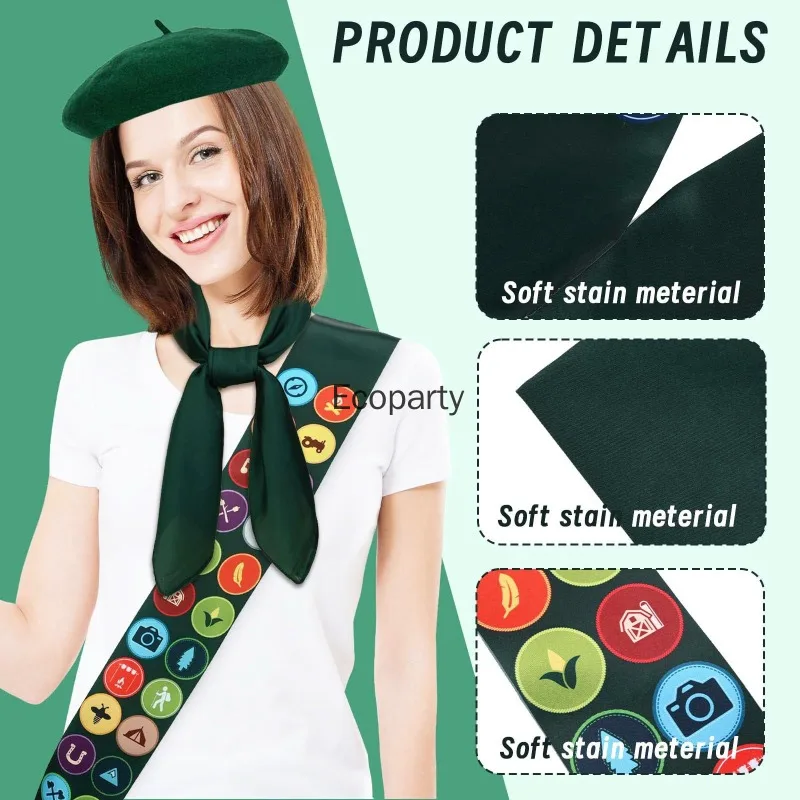 4pcs Set Scouts Costume Accessories Green Beret Morale Badges Patches Satin Sash Beret Bow Tie Set Halloween Soldier Outfits