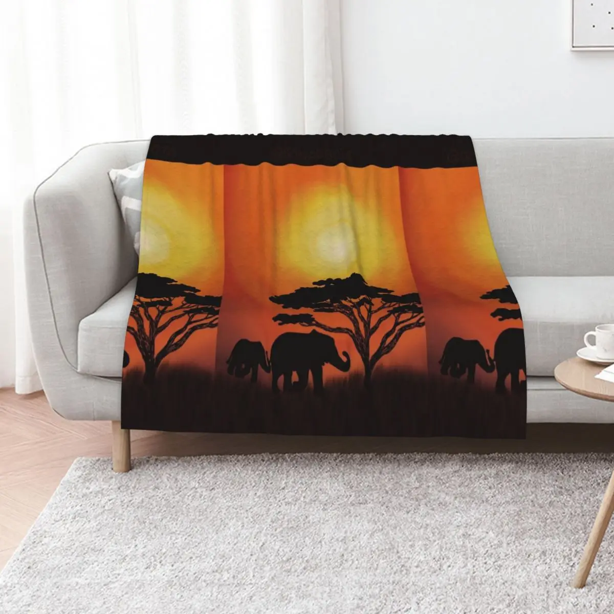 African sunset with elephants Throw Blanket Multi Use Warm Blanket for Living Room Bedroom
