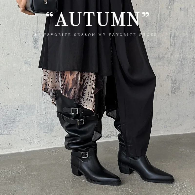 2026 autumn winter women knee-high boots 22-25cm micro fiber leather pointed toe belt buckle thick heel Pile up boots long boots