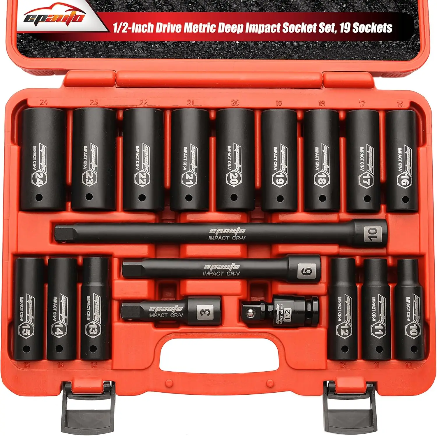 

Набор глубоких ударных торцевых головок метрических 1/2 дюйма, 19 предметов, с удлинителями и универсальным шарниром