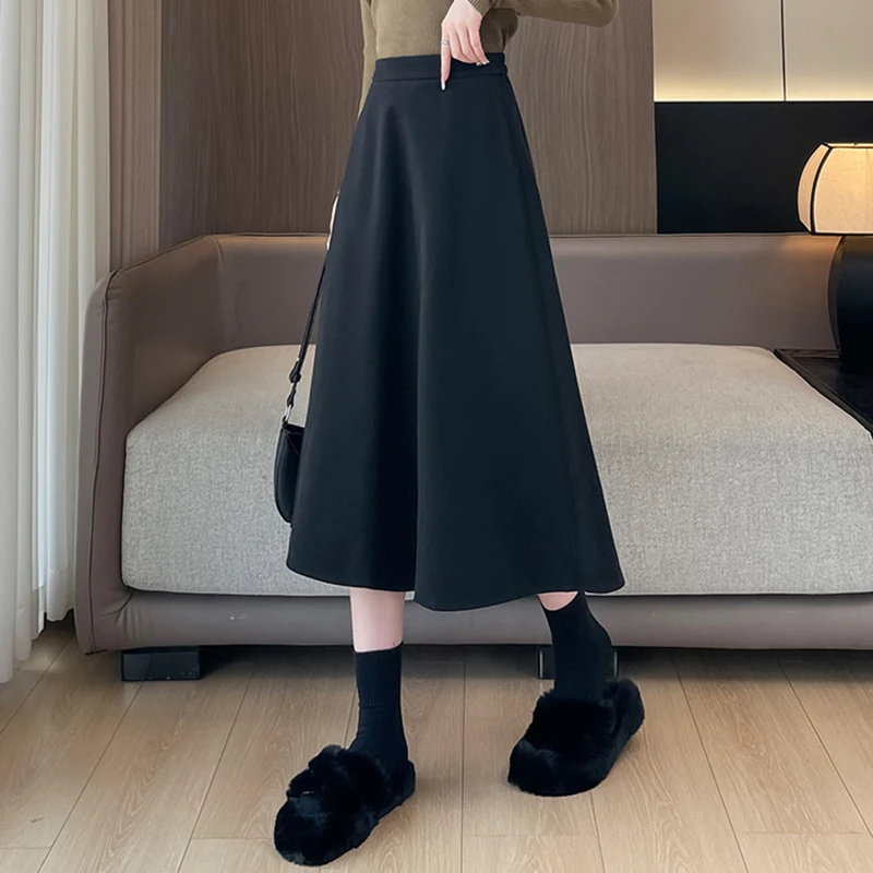 Wool Midi Skirt Women French Elegant Casual Temperament A Line High Waist Suit Skirt Female Fall Winter Warm Skirt