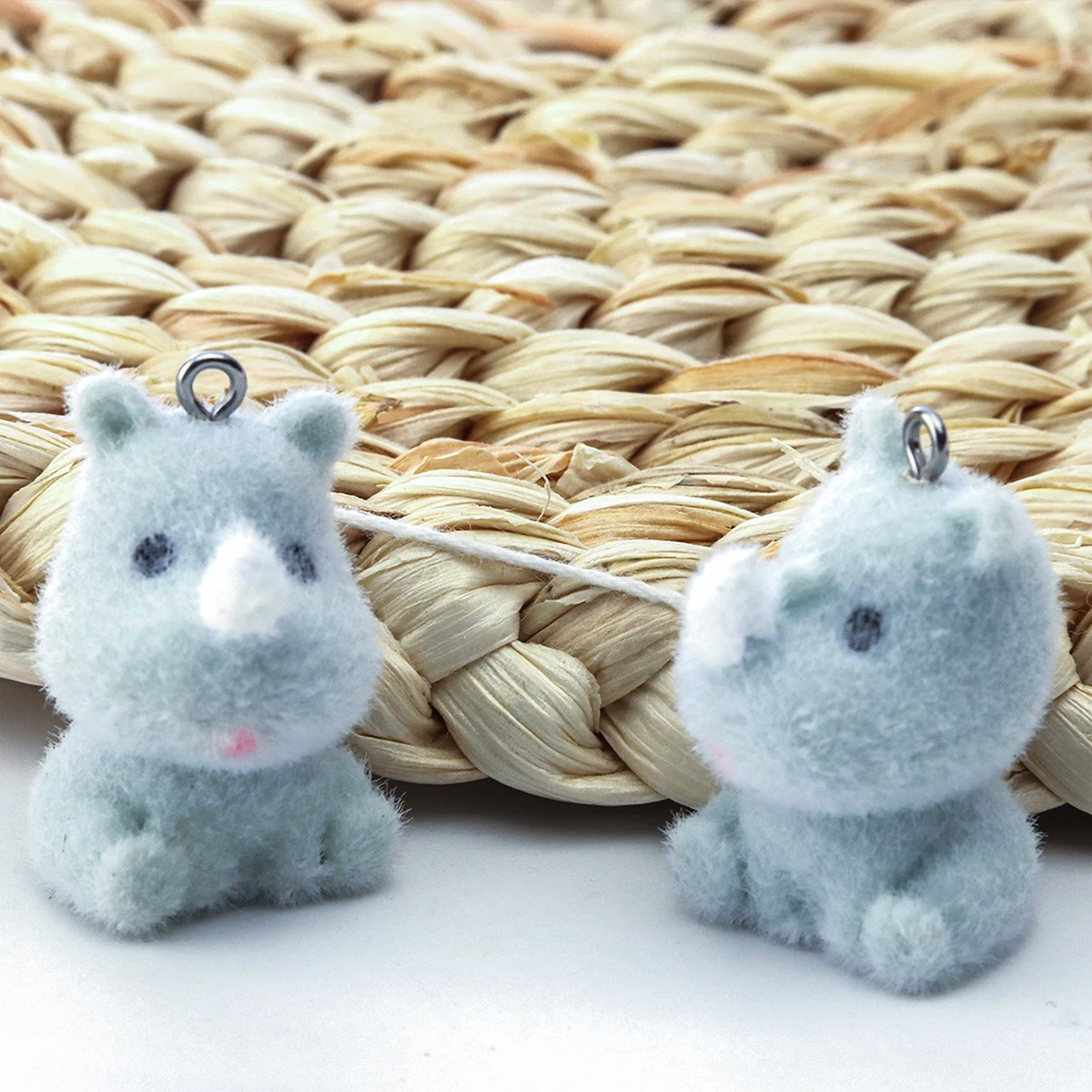 20PCS 3D Resin Flocking Rhino Charms Plush Dolls Animal Pendants for Necklace Keychain Making DIY Jewelry Accessories Wholesale