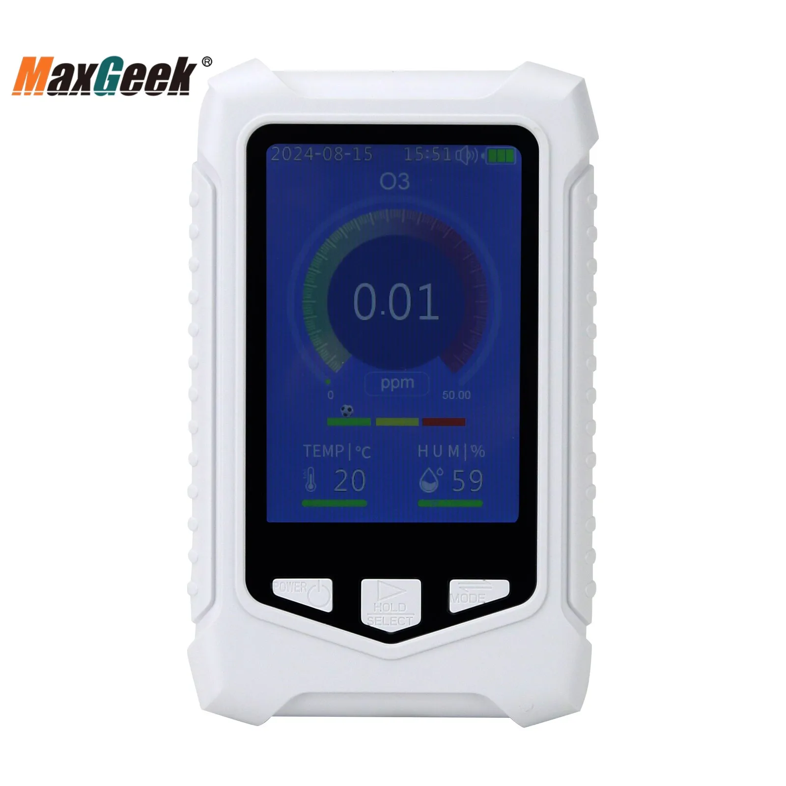Maxgeek Handheld 0-50PPM Air Quality Monitor Ozone Meter w/ 3.5" Screen for O3 AQI Temperature and Humidity view 2