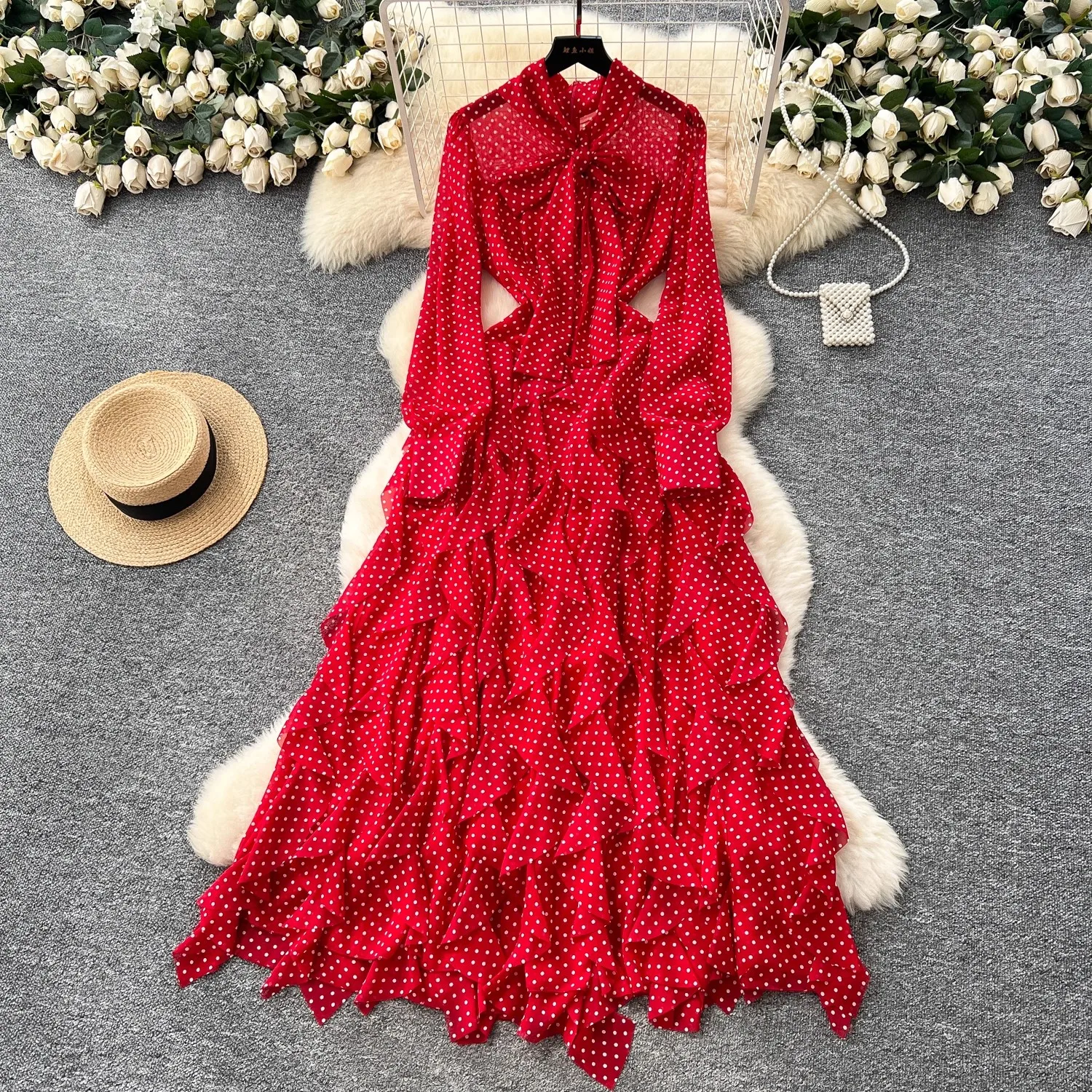 

Beach Chiffon Dress Women Elegant Lotus Leaf Dot Print Bow Neck Lantern Sleeve Pleated Maxi Dress Lady A-Line Vintage Long Robe
