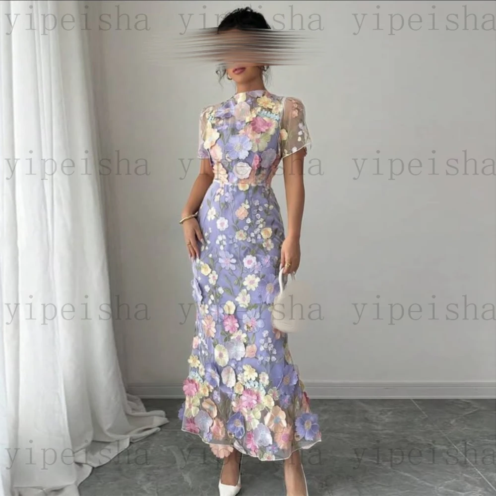 فساتين سهرة ميدي برقبة عالية مخصصة بأكمام قصيرة ثلاثية الأبعاد مزينة بالدانتيل بطول الشاي حورية البحر فستان حفلات رسمي فستان حفلات حديث