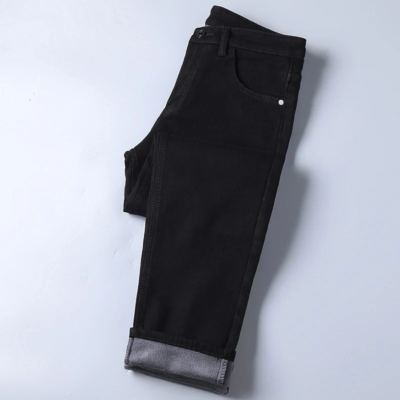 Autumn Winter Fleece Stretch Jeans Black Fashion Slim Comfortable Cotton Straight Trousers Warm Male Brand Clothing Denim Pants