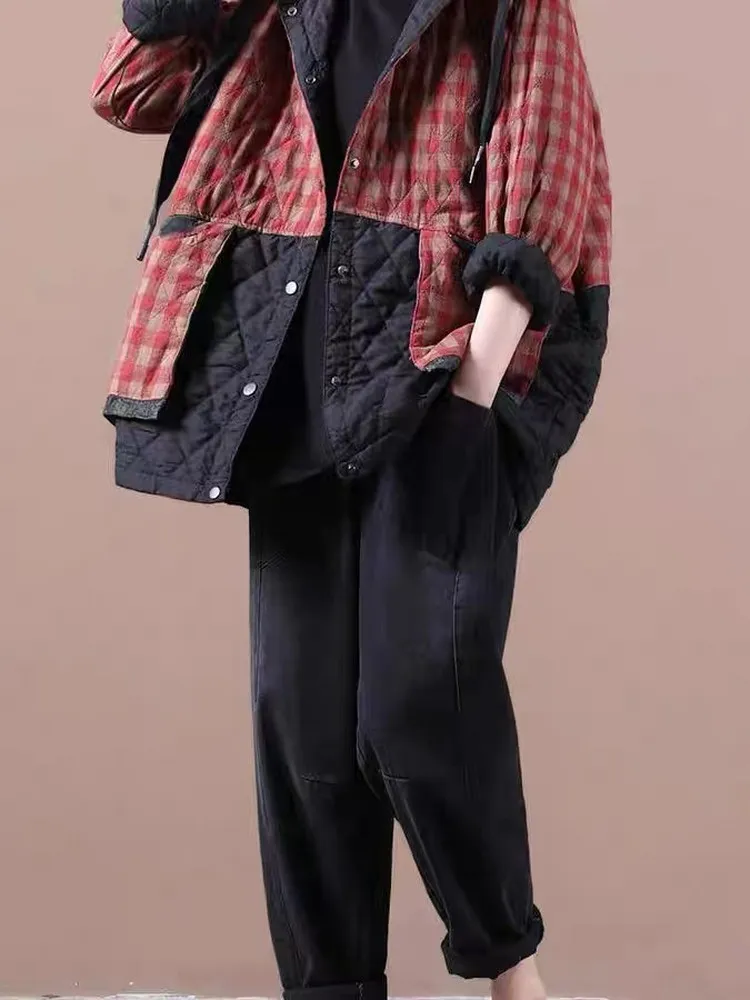 سترة قطنية سميكة للنساء لفصلي الخريف والشتاء، معطف مربعات بأزرار، تصميم عصري فني بأكمام طويلة وغطاء للرأس