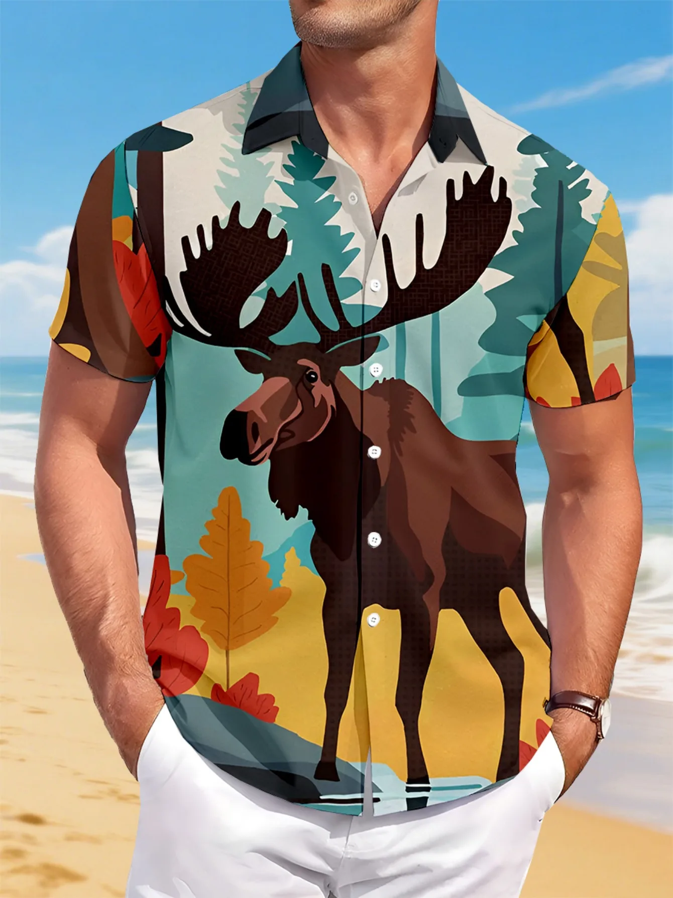 

Men's Lightweight Hawaiian Shirt - Tropical Moose & Pine Tree Print Button-Up Lapel Collar - Brown