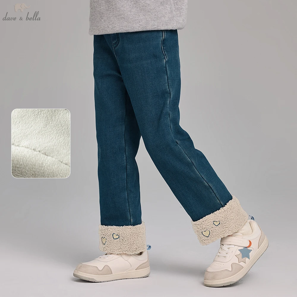 

Детские джинсовые брюки Dave Bella, зима-осень, бархатные утепленные прямые брюки для девочек, повседневные теплые брюки DK4254423