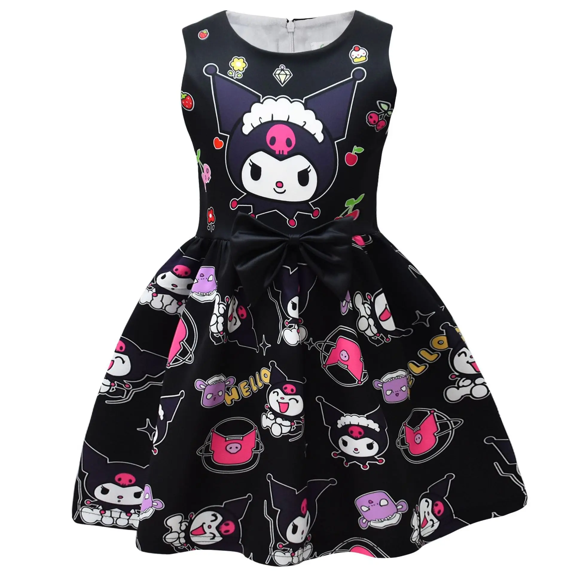 

Summer Girls Costume Kuromi Print Sleeveless Clothes Cospaly Dresses Bowknot Kawaii Casual Cartoon Outfit Party Princess Dress