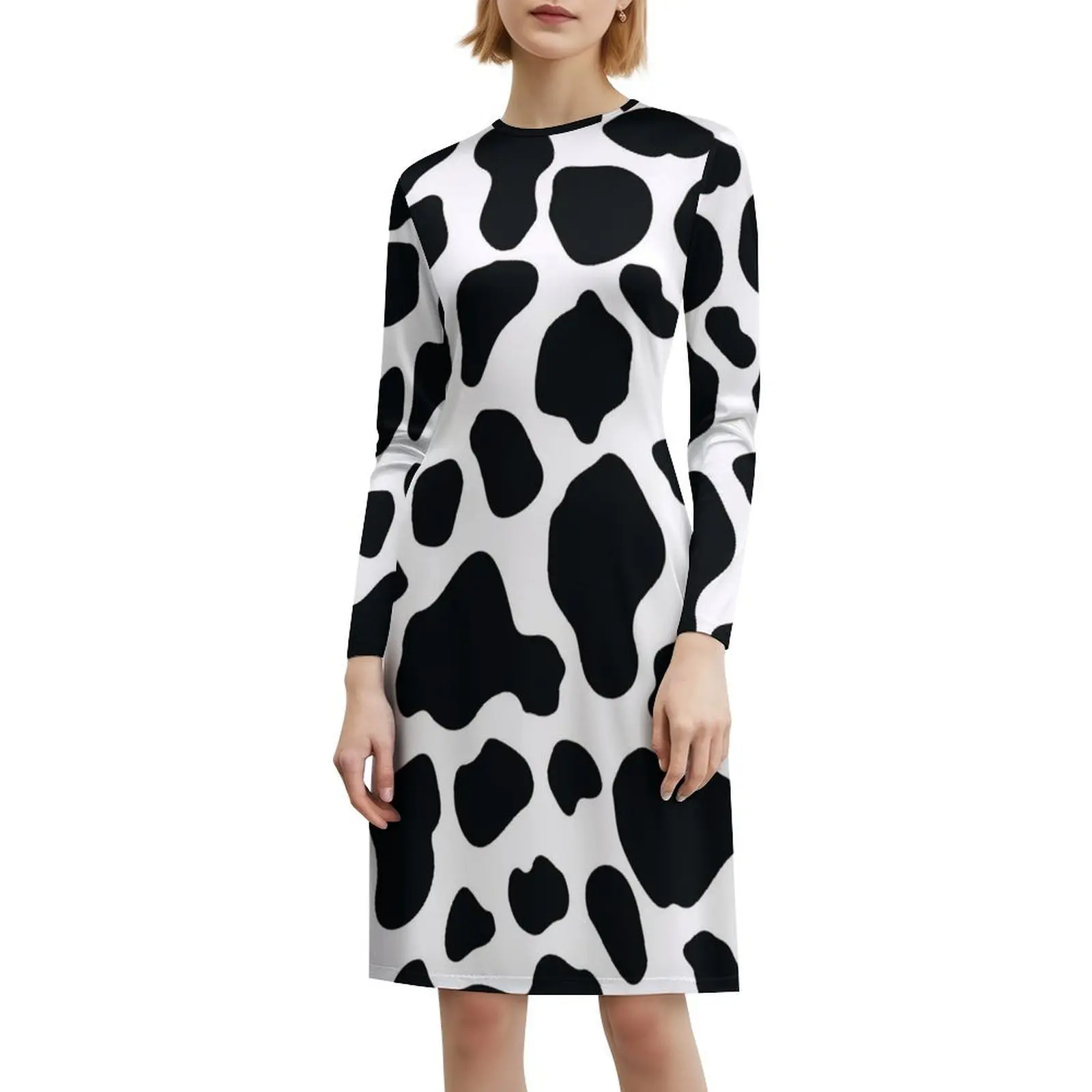 Cow Print Korean Style Casual Dress For Women Simple Daily Office Lady Dresses Cow Cow Spots Cow Pattern Black And Women's Dress