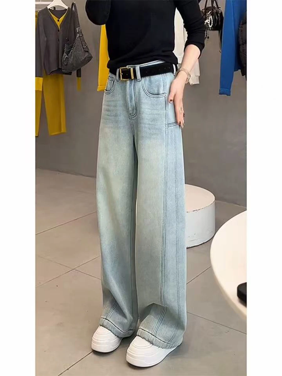 

plus Size High Waist Straight Leg Jeans Women Autumn Winter Loose Wide Leg Floor Length Pants Pear ape Body Slimming Trousers