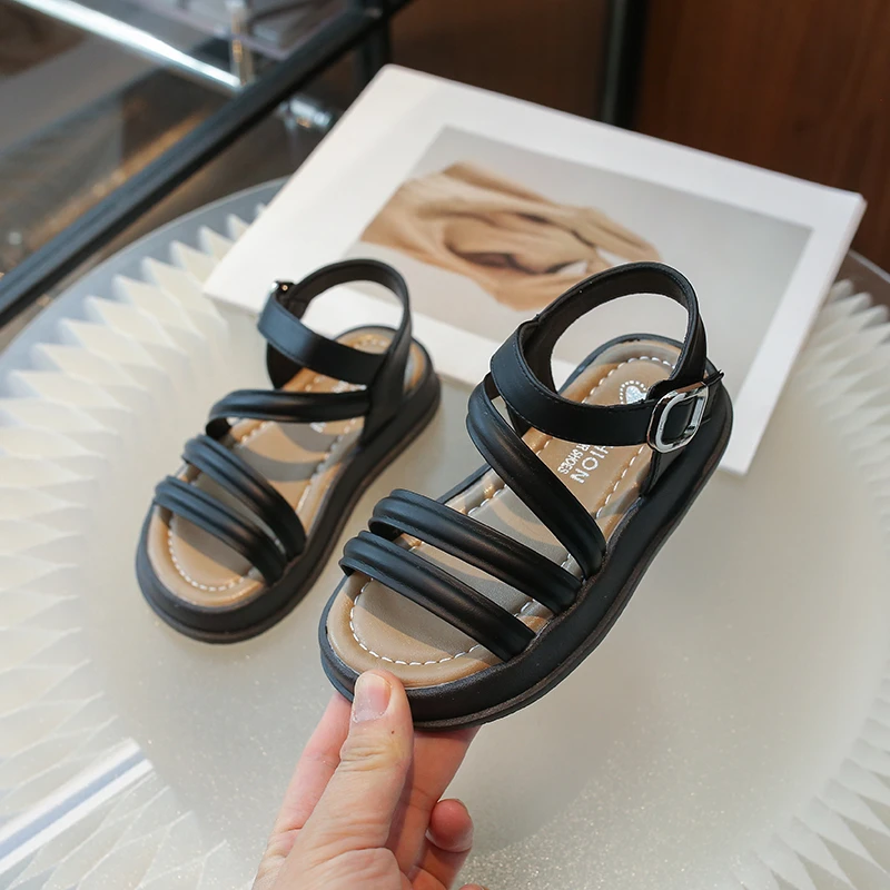 Black/white Girls Sandals Non-slip Soft Sole Open Toe, Summer PU Girls Fashion Sandals, Size 26-37 Sandalias De Mujer