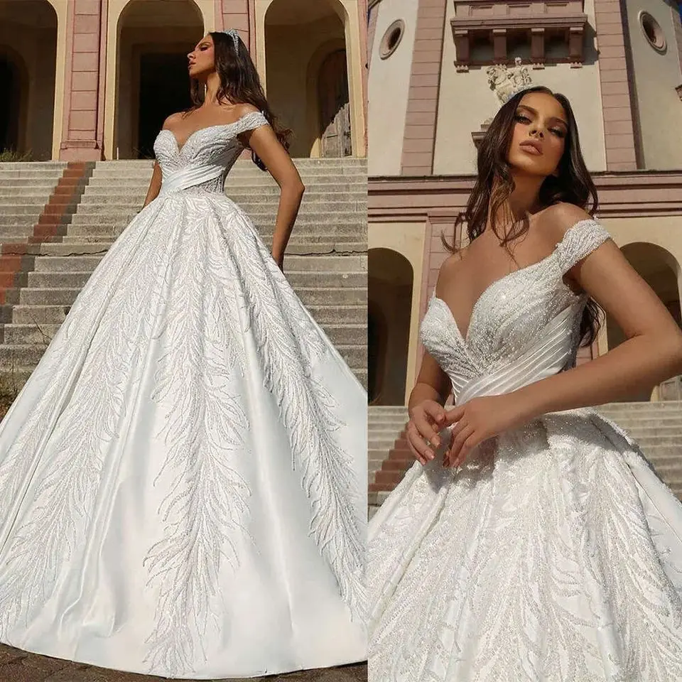 Customized Off the Shoulder Shinny Fully Beads Sequins Elegant  Wedding Dress Vestido De Noiva Ballgown Puffy    Bridal Gown