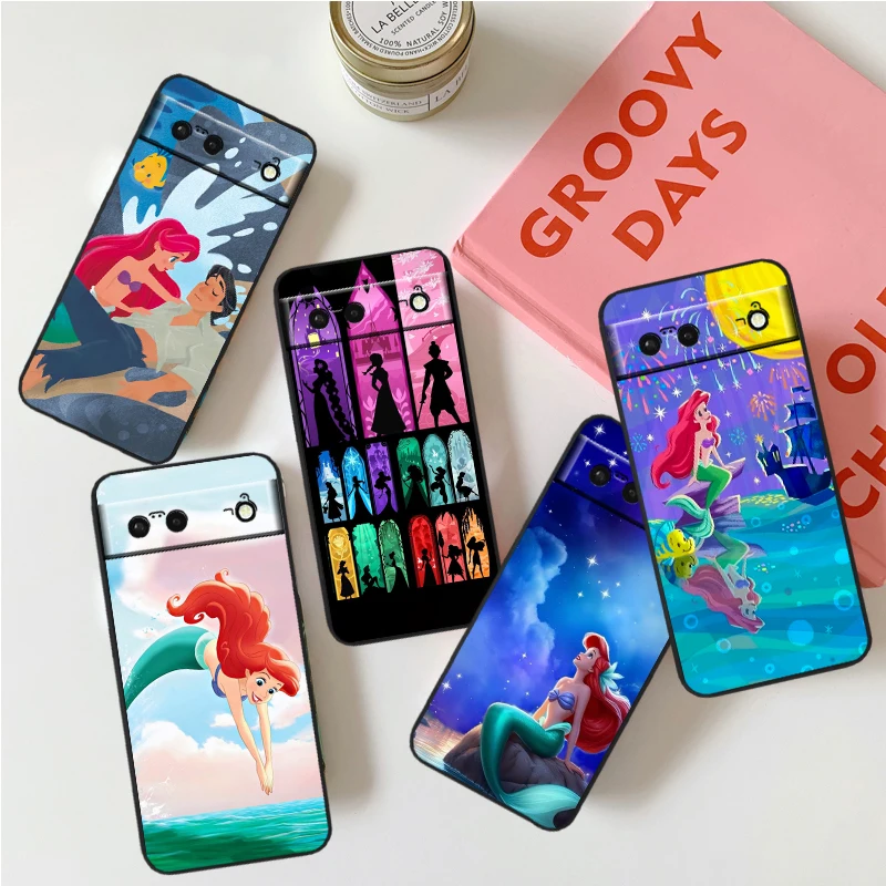 Disney Mermaid Princess Cartoon For Google Pixel 9 8 7A 7 6A 6 5A 5 4 4A XL 5G Black Silicon Shockproof Shell TPU Phone Case