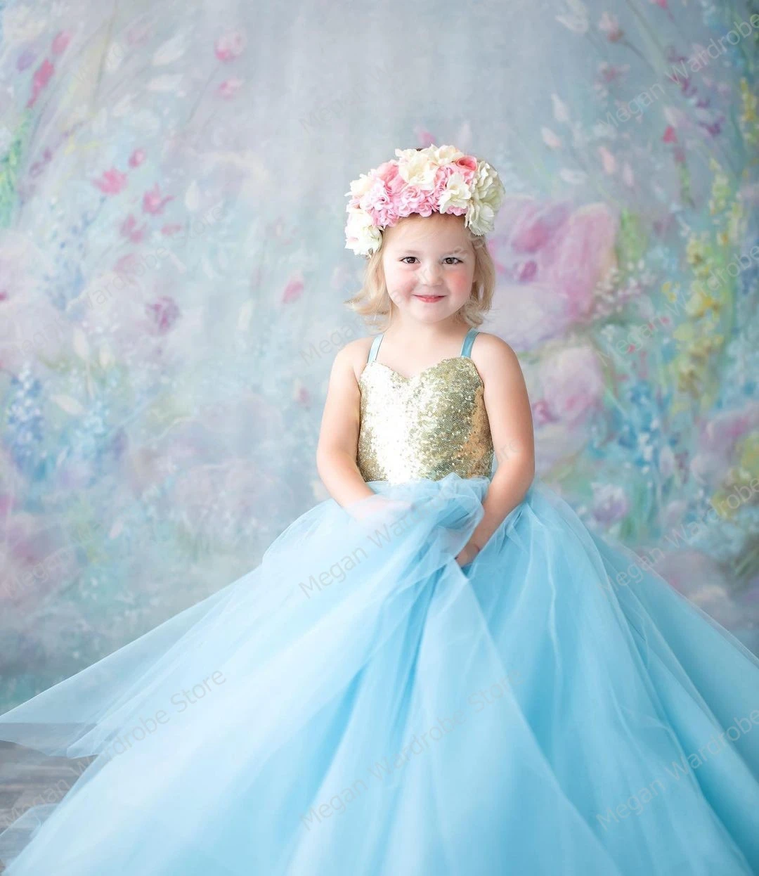 Shiny Sequines Spaghetti Straps Kids Birthday Photography Dresses Sky Blue Long Tulle Ball Gowns For Girls Princess Party Dress