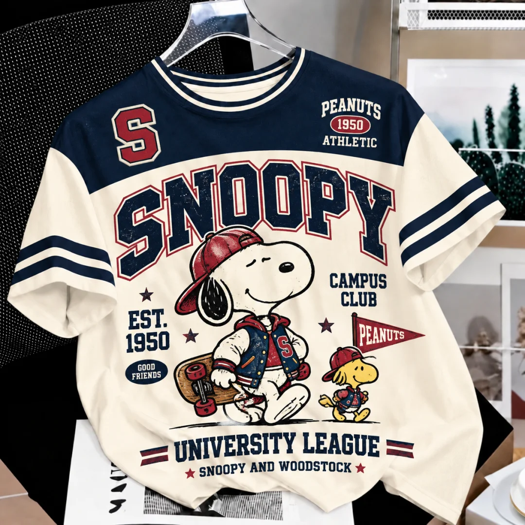 Snoopy University League Varsity T Shirt Men Women Vintage Campus College Cartoon Tees Summer Oversized Short Sleeve Kids Tops