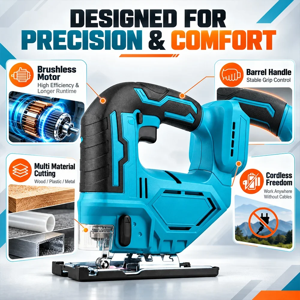 SIHAO 18V Handheld Brushless Cordless Jigsaw Portable Cutting Saw 350W No Battery New for Carpentry DIY Wood Craft Work