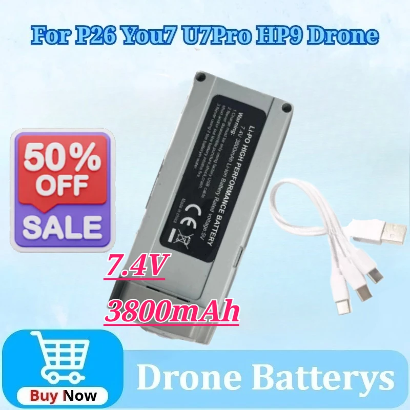 

For You7U 7Pro HP9 P26 Drone 7.4V 3800mAh Battery Accessories Large Capacity Charging Cable Stable Power Safe Reliable