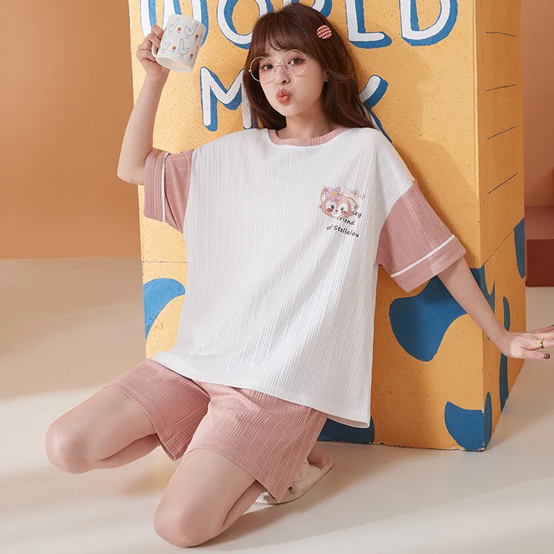 New Cotton Cute Cartoon Pyjamas Set Women Pajamas Plaid Sleepwear Short Nightwear Sleeve Homewear Fashion Summer homewear suits
