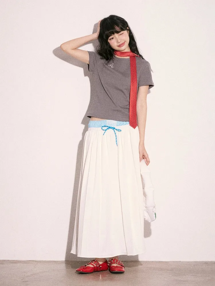 Summer Loose  Knot Long Skirt Women's Half-length Padded Color Block A-Line Skirt Cream Kitten Wave Light Sea Shadow