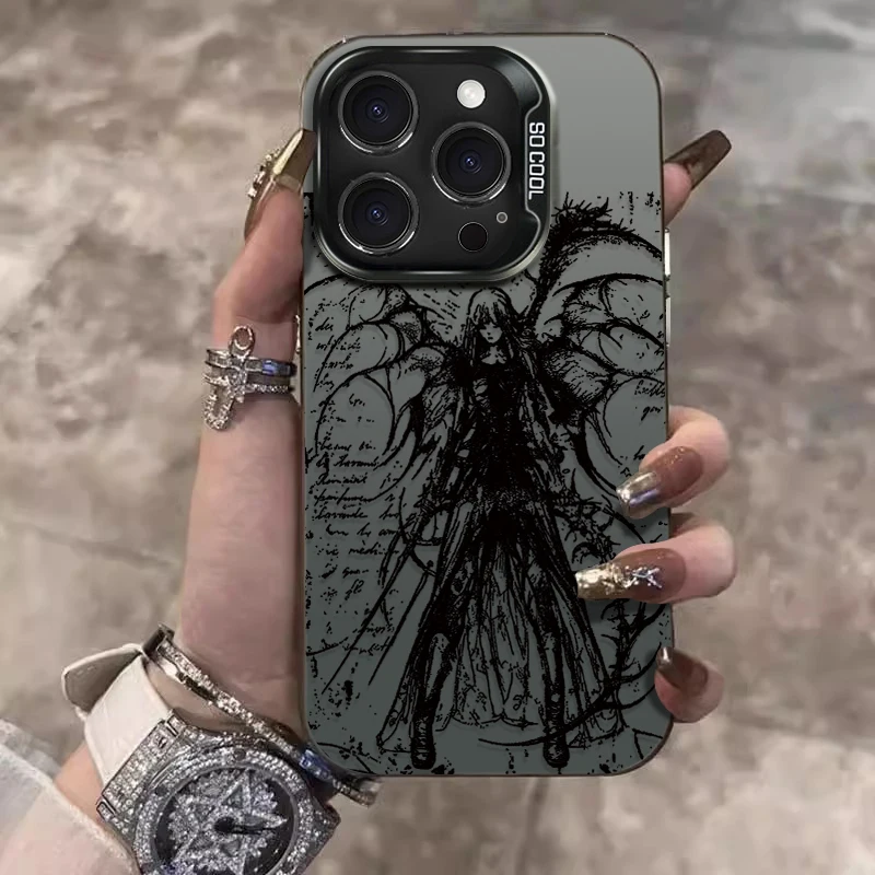 Phone Case for iPhone 16 15 14 13 12 11 Pro Max XS X XR 8 7 Plus SE 2020 Retro Punk Black Angel Matte Hard PC Shockproof Cover