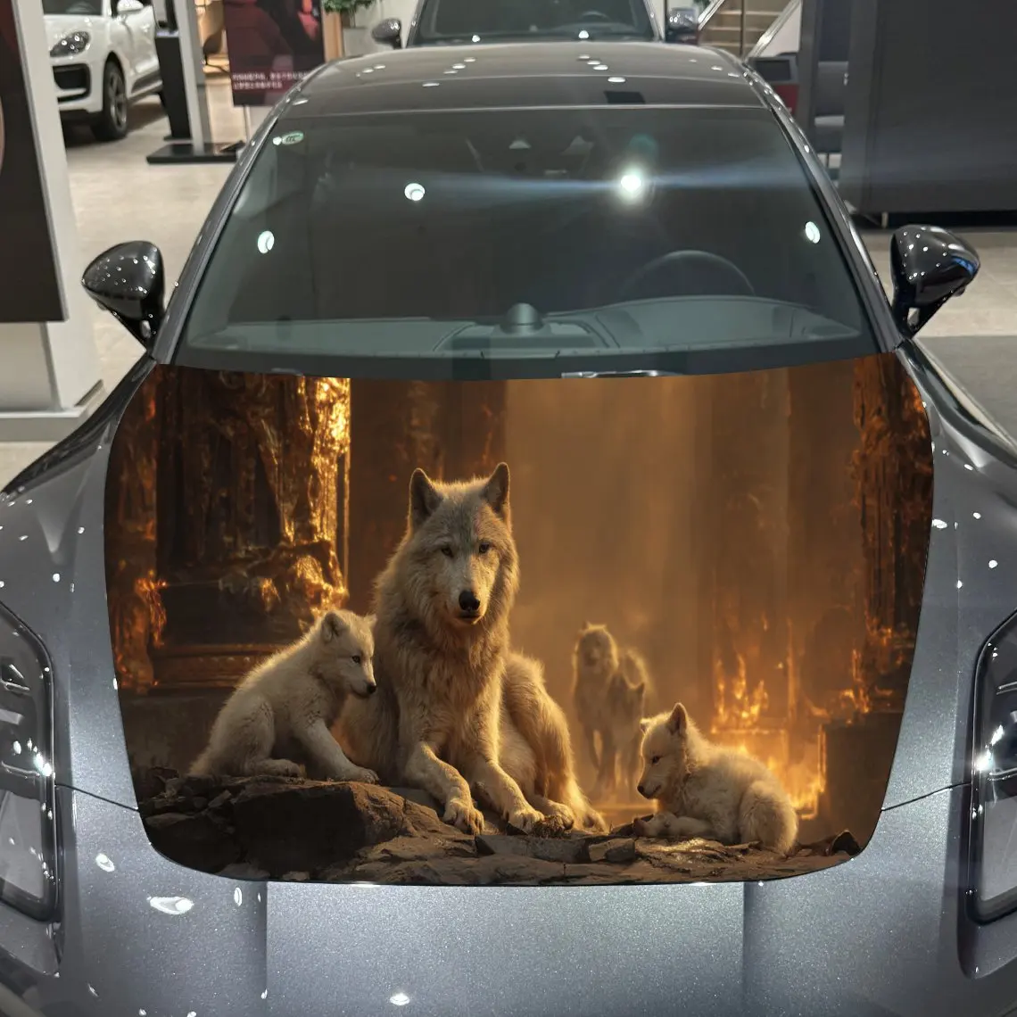 

Forest Flame Wolf Pack ПВХ обертывания на капот автомобиля, самоклеящаяся водонепроницаемая наклейка на капот автомобиля, защитные наклейки для украшения автомобиля