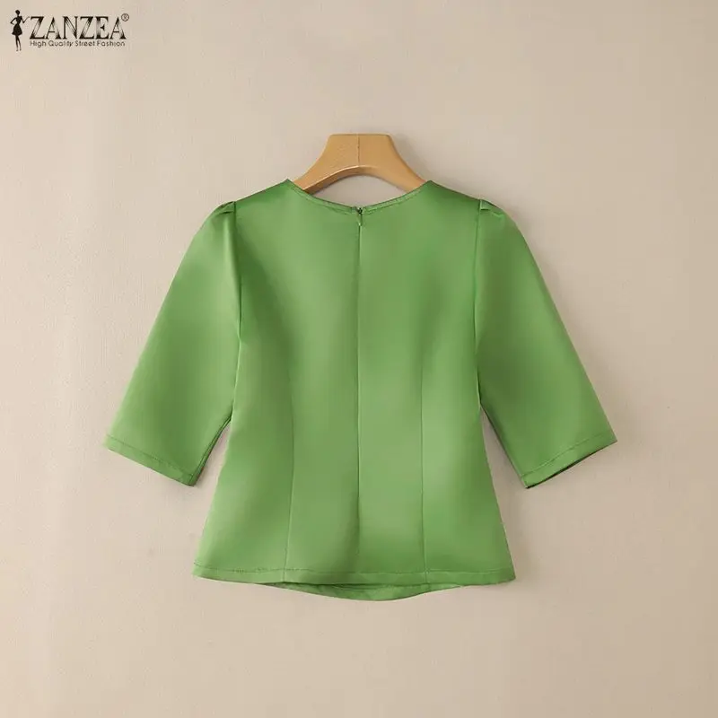 ZANZEA 여성용 우아한 새틴 블라우스 고급스러운 공주 스타일 반소매 뒷지퍼 슬림핏 숏탑 여름 여성 의류 3XL