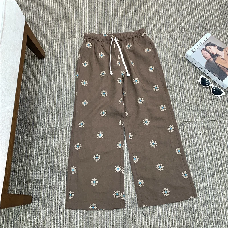 Snowflake Embroidery Brown Wide Leg Pant Lyocell Cotton Linen Cotton Drawstring Straight Casual Homewear Women Trouser 2024 New